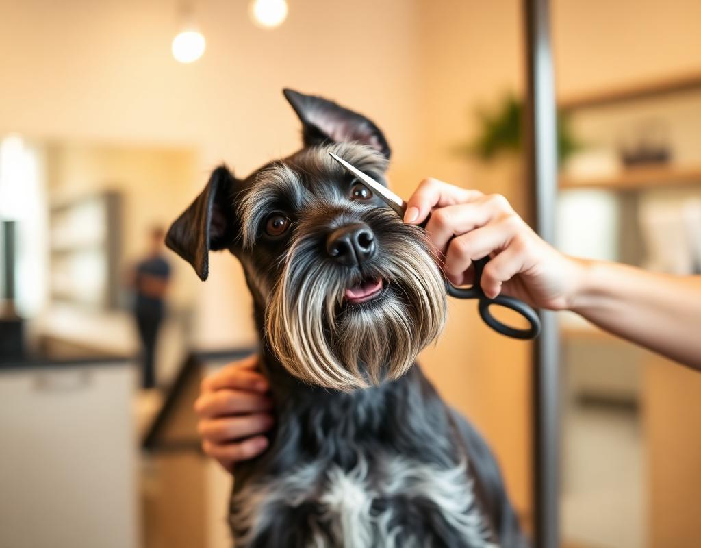 Schnauzer being groomed